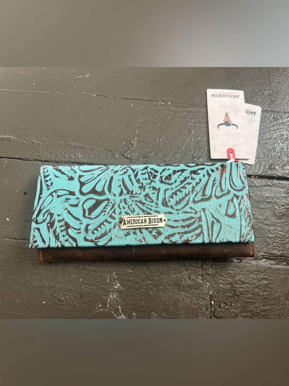 Turquoise Floral Embossed Leather Wallet